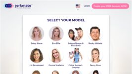 Grid of circular model headshots with names under each photo; header reads 'SELECT YOUR MODEL' on a light UI card (Daisy Stone, Eva Elfie, Sabina Rouge & Eliza Eves, Rocky Vallarta, etc.).